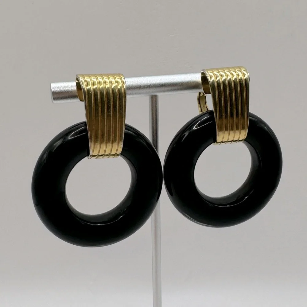 NAPIER Vintage Black & Gold Door Knocker Earrings - Picture 2 of 13